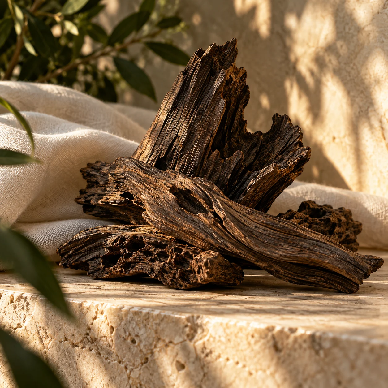 Évocation de Oud : bois sculptural et ombres chaudes.